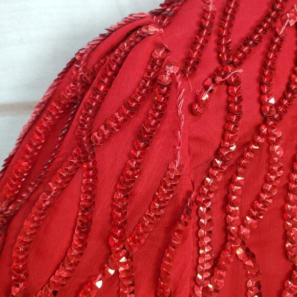 Vintage Laurence Kazar Dress Women Large Red Sequin 80s Beaded Silk Evening Glam - Picture 7 of 13